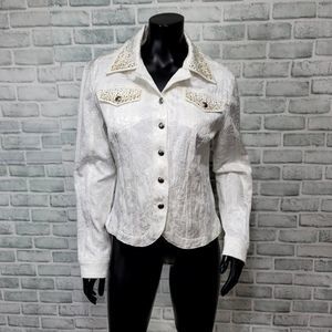 Vintage 90s Christine Alexander S White Filigree‎ Denim Studded Western Jacket